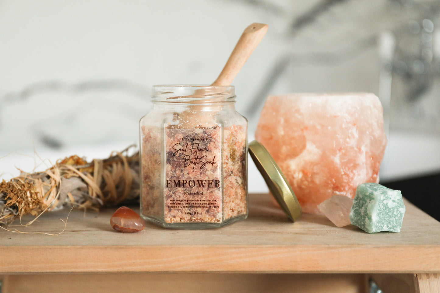 Soul Elixir Bath Soak { Empower } Himalayan Salt | Orange & Grapefruit | Carnelian | Dried jasmine buds & rose petals
