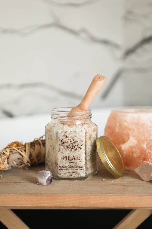 Soul Elixir Bath Soak { Heal } Red Sea Salt | Lavender & Cedarwood |  Amethyst | Frankincense & dried lavender buds
