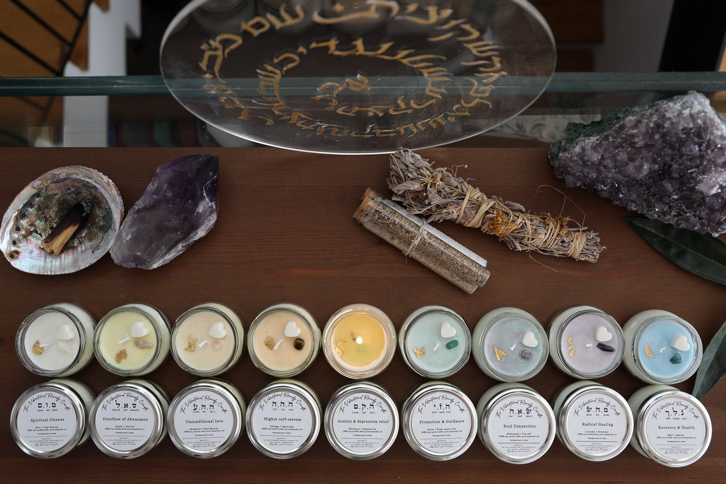 The Vibrational Remedy Candle No.9 { Spiritual Cleanse }  | Mint + Clear quartz |  מ.ו.ם